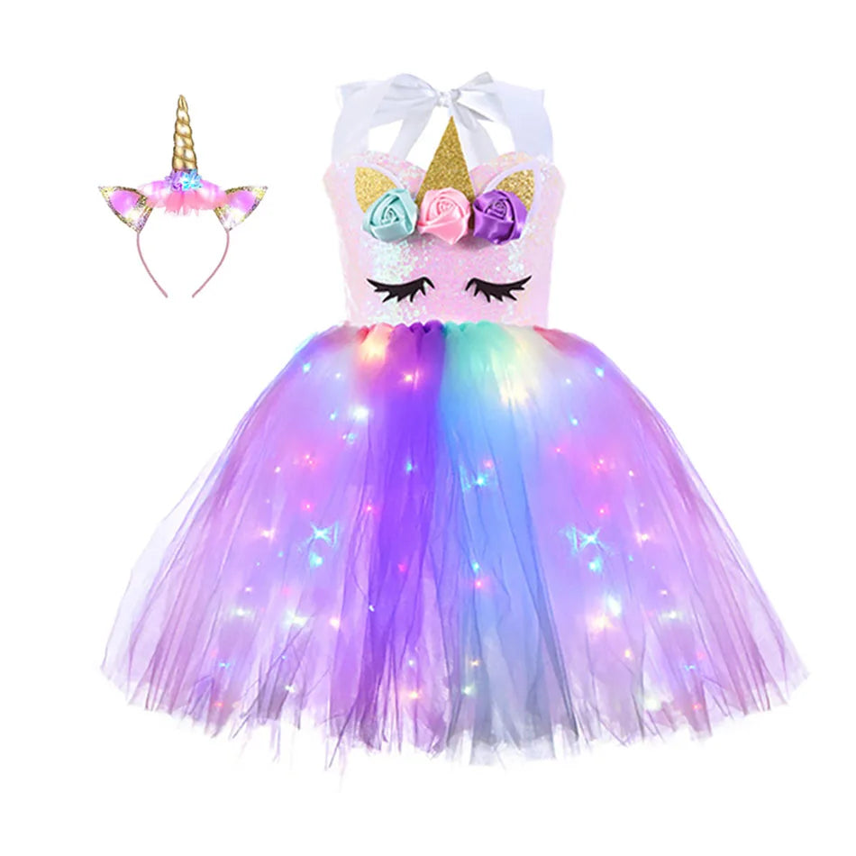 Girls Pastel Dresses with LED Lights Kids Birthday Party Glowing Dress Children Mermaid Costumes Baby Girl Rainbow Unicorn Tutu Unicorn 02 sold by Poopy and Poops General Pet Store poppyandpoops.ca