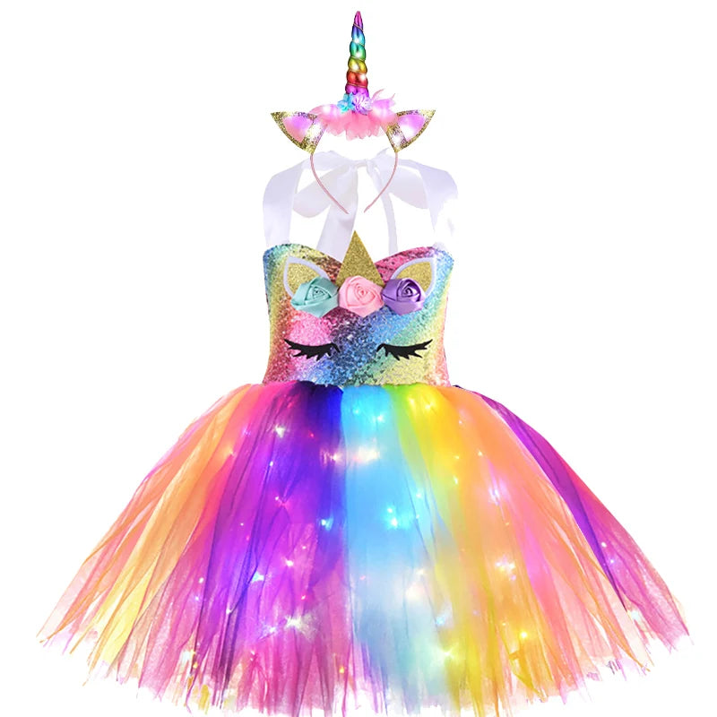 Girls Pastel Dresses with LED Lights Kids Birthday Party Glowing Dress Children Mermaid Costumes Baby Girl Rainbow Unicorn Tutu Unicorn 01 sold by Poopy and Poops General Pet Store poppyandpoops.ca