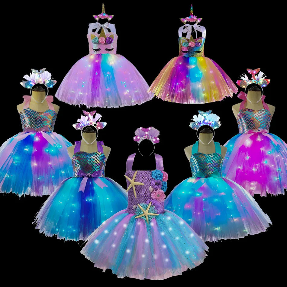 Girls Pastel Dresses with LED Lights Kids Birthday Party Glowing Dress Children Mermaid Costumes Baby Girl Rainbow Unicorn Tutu sold by Poopy and Poops General Pet Store poppyandpoops.ca