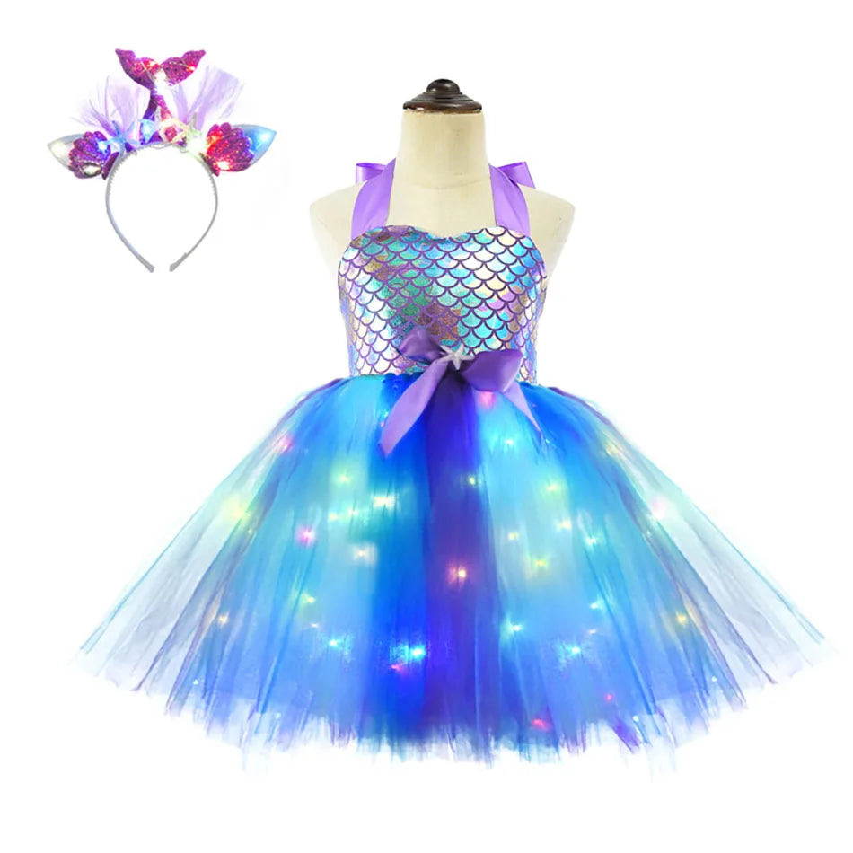Girls Pastel Dresses with LED Lights Kids Birthday Party Glowing Dress Children Mermaid Costumes Baby Girl Rainbow Unicorn Tutu sold by Poopy and Poops General Pet Store poppyandpoops.ca