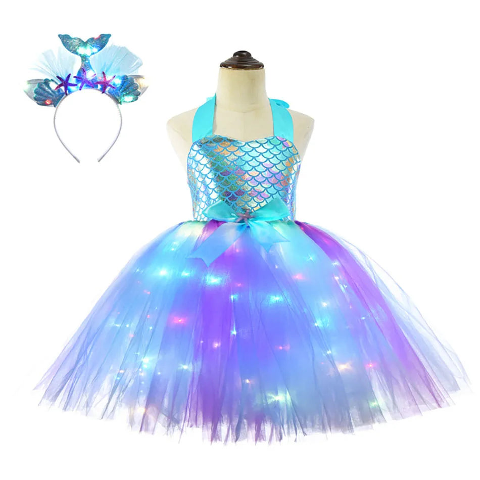 Girls Pastel Dresses with LED Lights Kids Birthday Party Glowing Dress Children Mermaid Costumes Baby Girl Rainbow Unicorn Tutu sold by Poopy and Poops General Pet Store poppyandpoops.ca