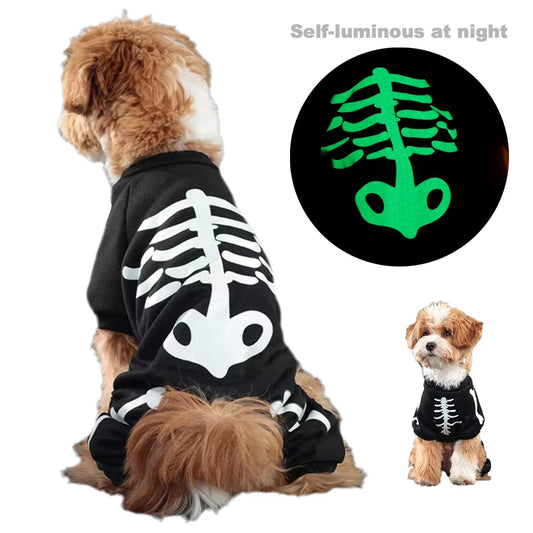 Glow Dark Skeleton Halloween Dog Costume Onesie sold by Poopy and Poops General Pet Store poppyandpoops.ca