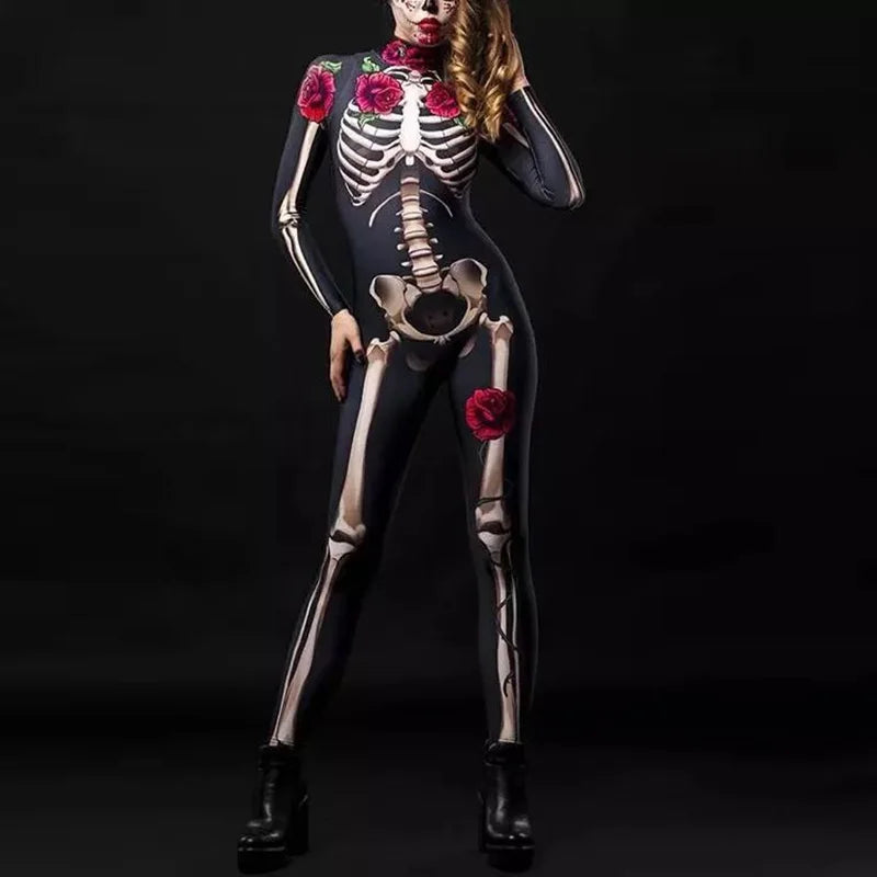 Women Adult Skeleton Halloween Costume in Red Roses and Pink Bows sold by Poopy and Poops General Pet Store poppyandpoops.ca