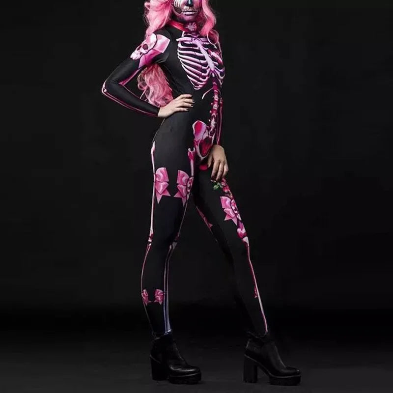 Women Adult Skeleton Halloween Costume in Red Roses and Pink Bows sold by Poopy and Poops General Pet Store poppyandpoops.ca