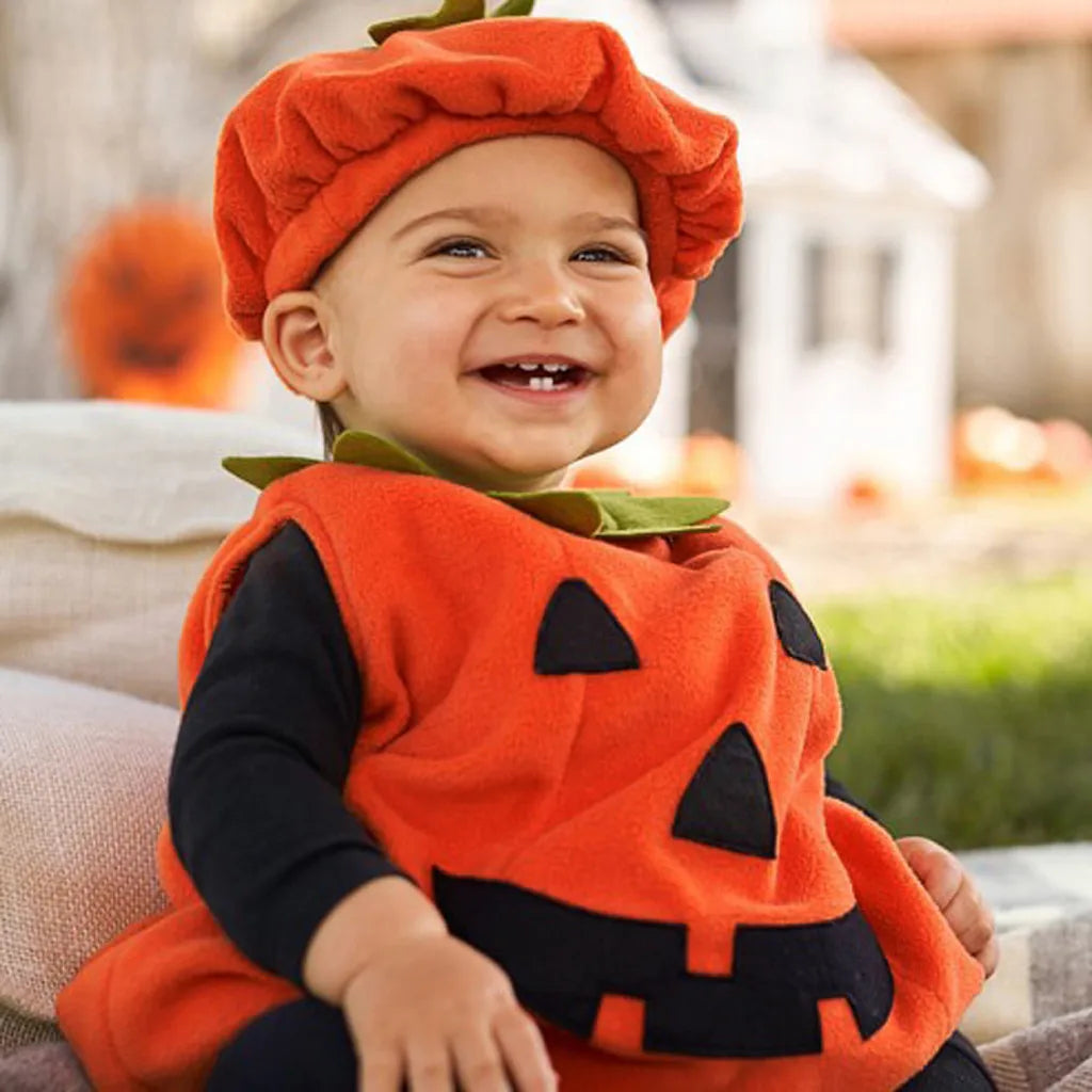 Baby Halloween Costume Pumpkin Romper with Hat sold by Poopy and Poops General Pet Store poppyandpoops.ca
