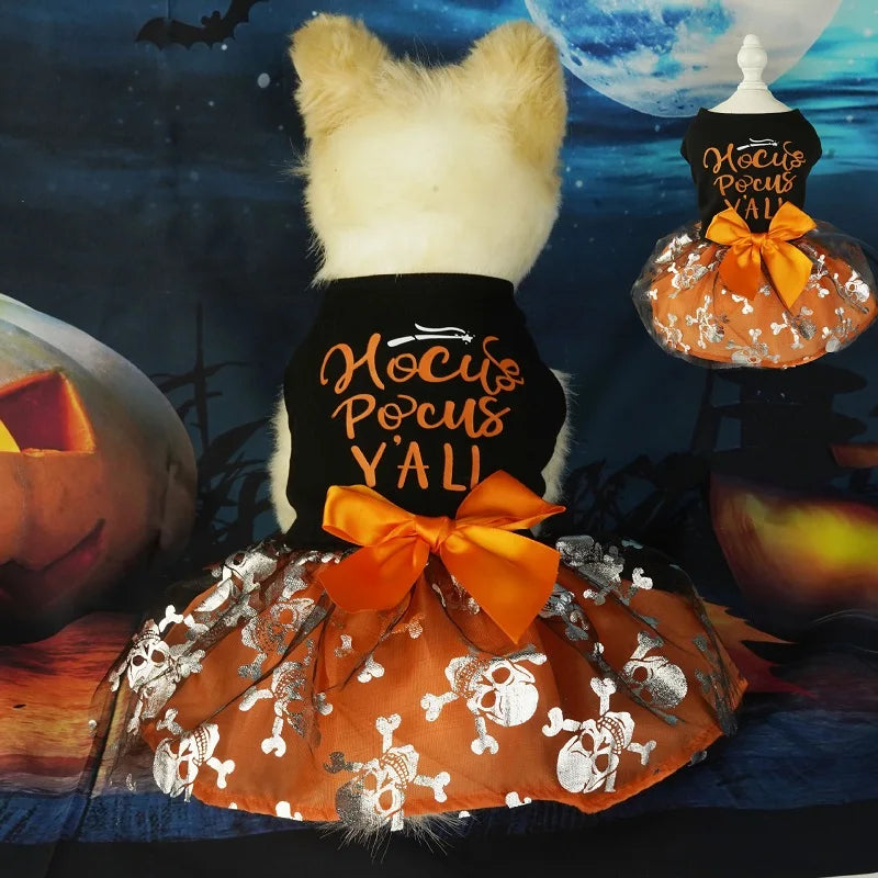 Halloween Dog Clothes with Pumpkin Print Funny Pet Dress Chihuahua Yorkie Clothing Bow Mesh Party Clothing Cat Costume Dog Dress sold by Poopy and Poops General Pet Store poppyandpoops.ca