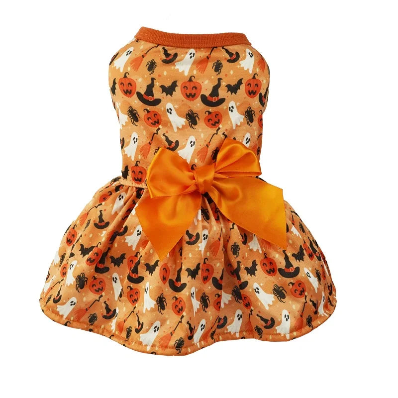 Halloween Dog Clothes with Pumpkin Print Funny Pet Dress Chihuahua Yorkie Clothing Bow Mesh Party Clothing Cat Costume Dog Dress E sold by Poopy and Poops General Pet Store poppyandpoops.ca