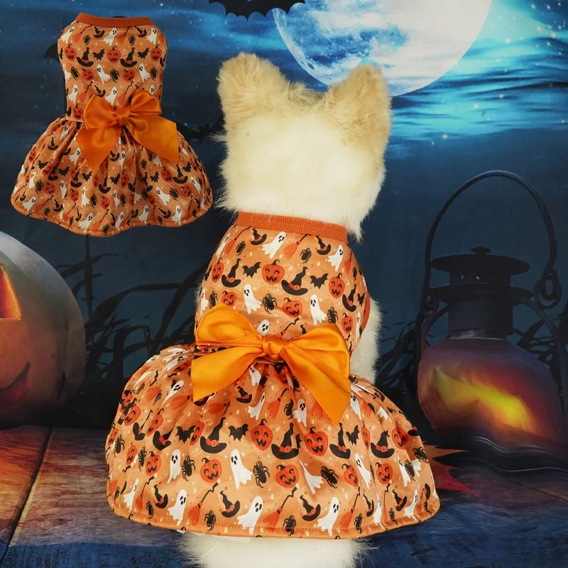 Halloween Dog Clothes with Pumpkin Print Funny Pet Dress Chihuahua Yorkie Clothing Bow Mesh Party Clothing Cat Costume Dog Dress sold by Poopy and Poops General Pet Store poppyandpoops.ca