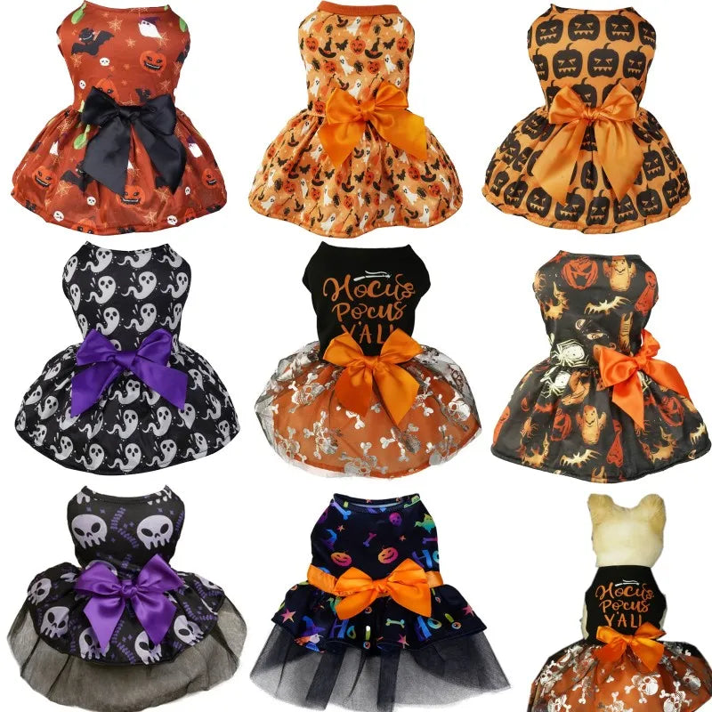 Halloween Dog Clothes with Pumpkin Print Funny Pet Dress Chihuahua Yorkie Clothing Bow Mesh Party Clothing Cat Costume Dog Dress sold by Poopy and Poops General Pet Store poppyandpoops.ca