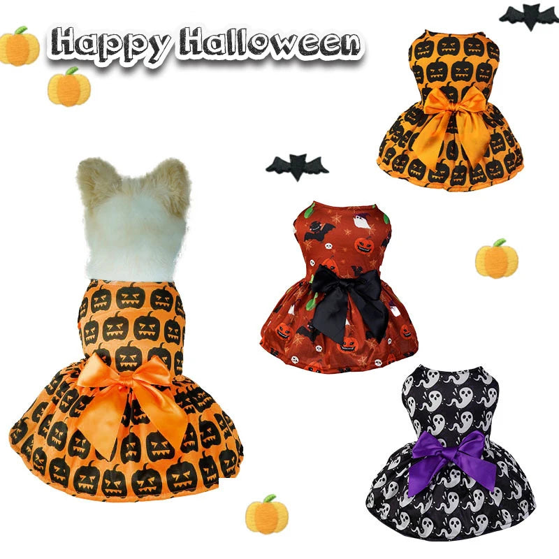 Halloween Dog Clothes with Pumpkin Print Funny Pet Dress Chihuahua Yorkie Clothing Bow Mesh Party Clothing Cat Costume Dog Dress sold by Poopy and Poops General Pet Store poppyandpoops.ca