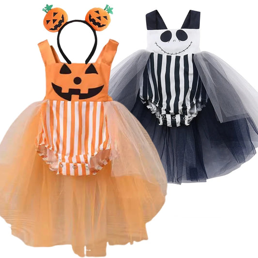 Baby Girls Pumpkin and Christmas Eve Horror Romper Dress Halloween Costume sold by Poopy and Poops General Pet Store poppyandpoops.ca