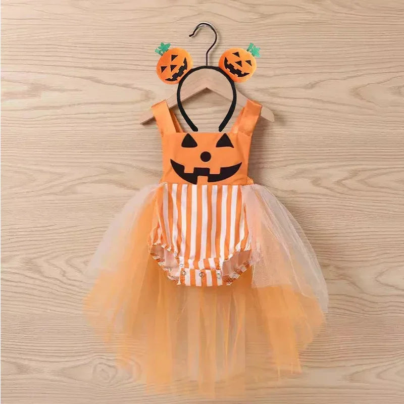 Baby Girls Pumpkin and Christmas Eve Horror Romper Dress Halloween Costume Romper sets sold by Poopy and Poops General Pet Store poppyandpoops.ca