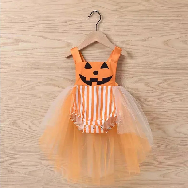 Baby Girls Pumpkin and Christmas Eve Horror Romper Dress Halloween Costume Romper Orange sold by Poopy and Poops General Pet Store poppyandpoops.ca