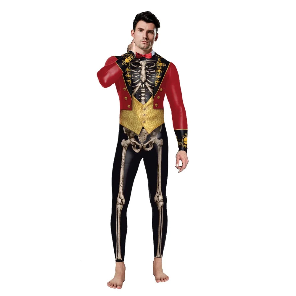 Male Halloween Costume Skeleton with Red fishtail jacket Bodysuit sold by Poopy and Poops General Pet Store poppyandpoops.ca