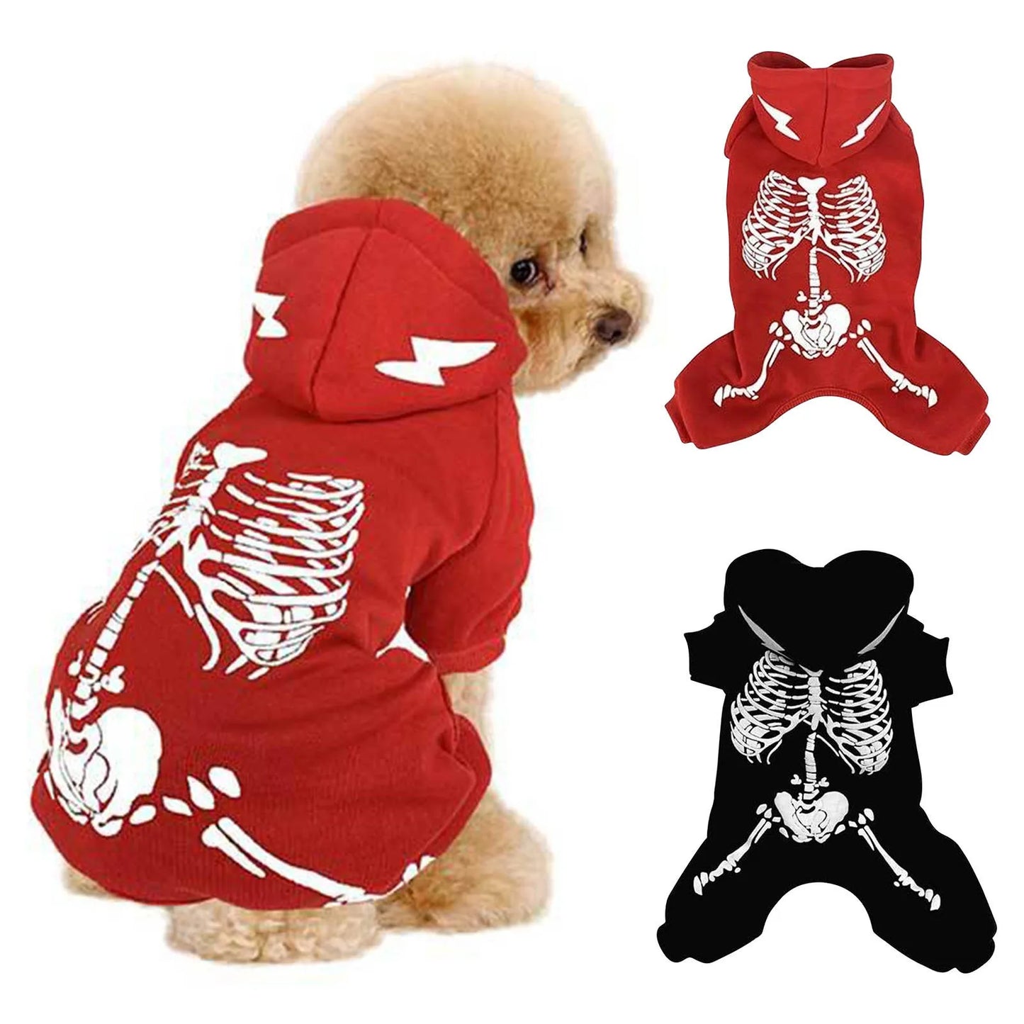 Glow In The Dark Red Or Black Skeleton Dog Hooded Onesie Halloween Costume sold by Poopy and Poops General Pet Store poppyandpoops.ca