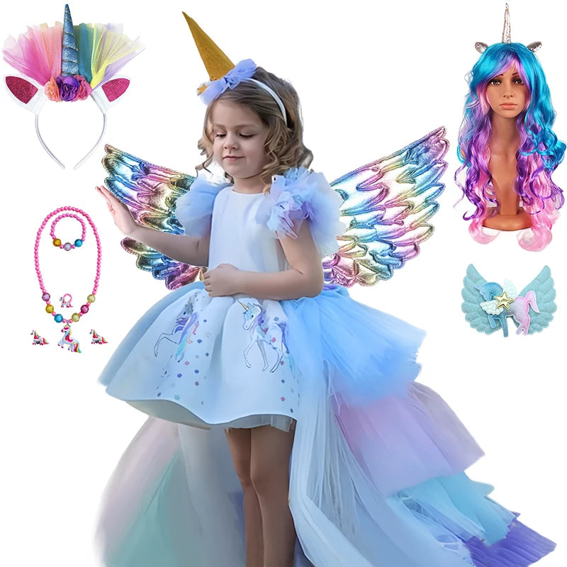 Girl Rainbow Floor Length Tail Tiered Unicorn Dress Halloween Costume Unicorn Set0 sold by Poopy and Poops General Pet Store poppyandpoops.ca