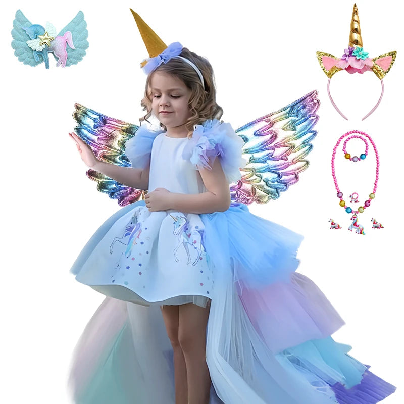 Girl Rainbow Floor Length Tail Tiered Unicorn Dress Halloween Costume Unicorn Set03 sold by Poopy and Poops General Pet Store poppyandpoops.ca