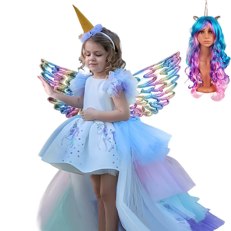 Girl Rainbow Floor Length Tail Tiered Unicorn Dress Halloween Costume Unicorn Set05 sold by Poopy and Poops General Pet Store poppyandpoops.ca