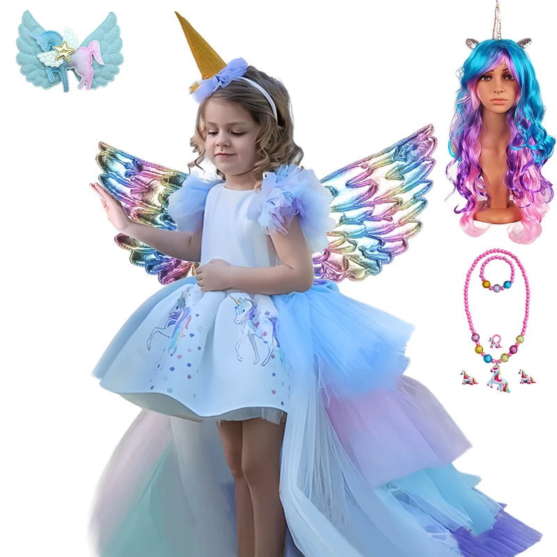 Girl Rainbow Floor Length Tail Tiered Unicorn Dress Halloween Costume Unicorn Set06 sold by Poopy and Poops General Pet Store poppyandpoops.ca