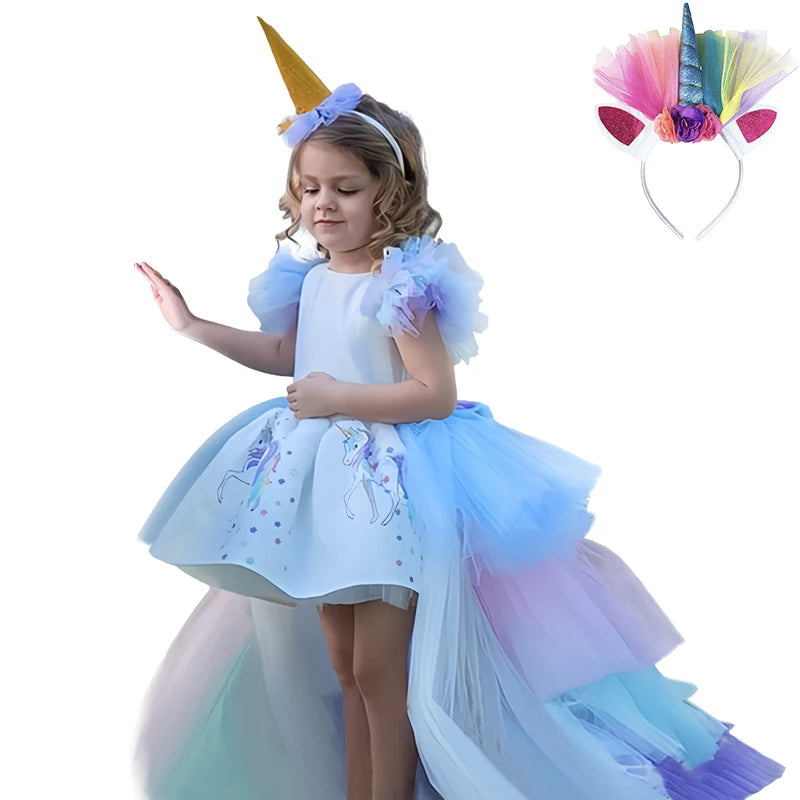 Girl Rainbow Floor Length Tail Tiered Unicorn Dress Halloween Costume Unicorn Set01 sold by Poopy and Poops General Pet Store poppyandpoops.ca