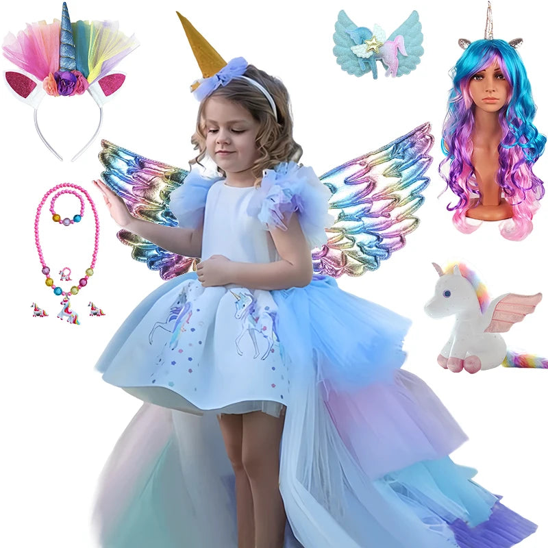 Girl Rainbow Floor Length Tail Tiered Unicorn Dress Halloween Costume sold by Poopy and Poops General Pet Store poppyandpoops.ca