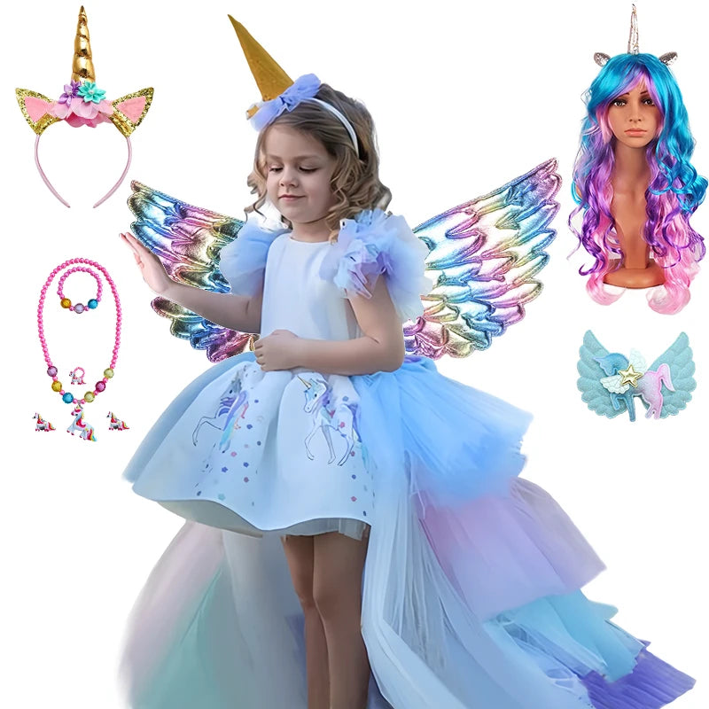 Girl Rainbow Floor Length Tail Tiered Unicorn Dress Halloween Costume Unicorn Set0 sold by Poopy and Poops General Pet Store poppyandpoops.ca