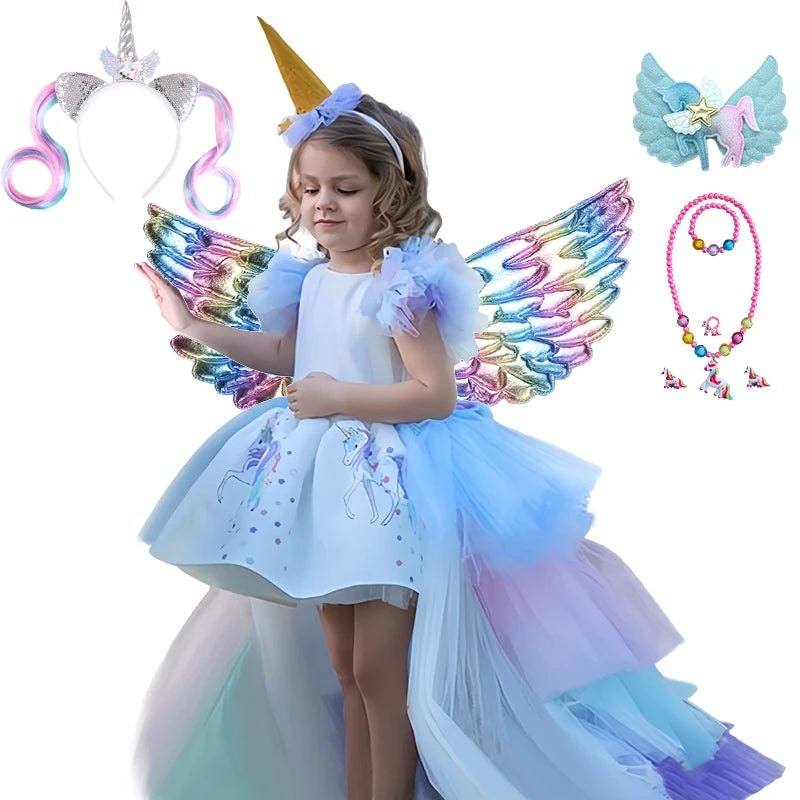 Girl Rainbow Floor Length Tail Tiered Unicorn Dress Halloween Costume Unicorn Set04 sold by Poopy and Poops General Pet Store poppyandpoops.ca