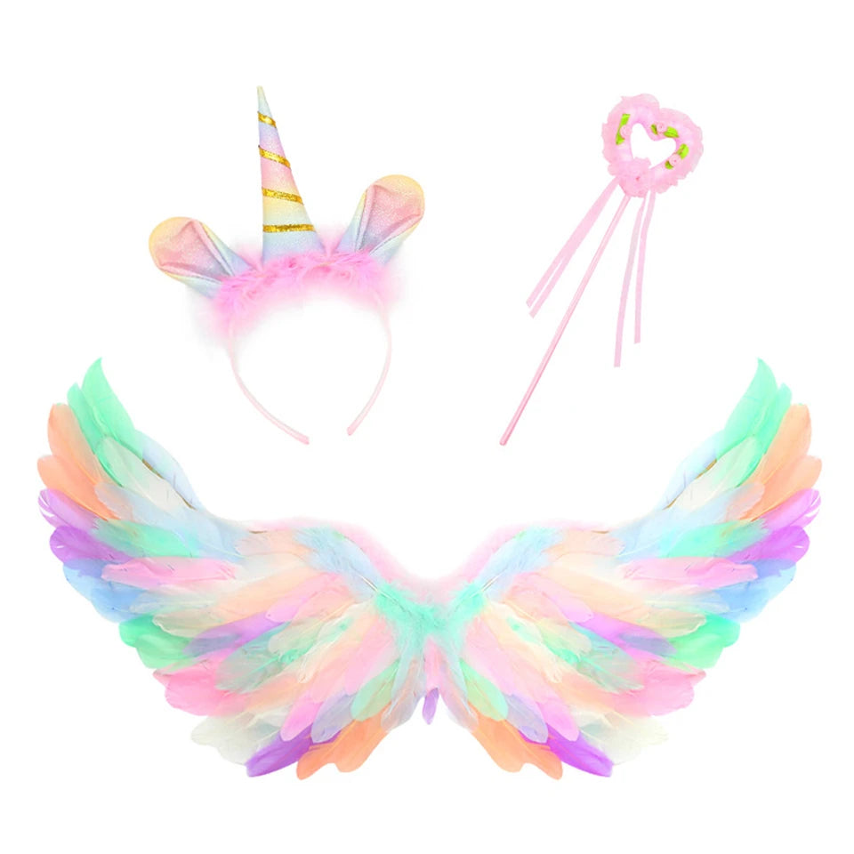 Girl Rainbow Floor Length Tail Tiered Unicorn Dress Halloween Costume Unicorn Wing Set sold by Poopy and Poops General Pet Store poppyandpoops.ca