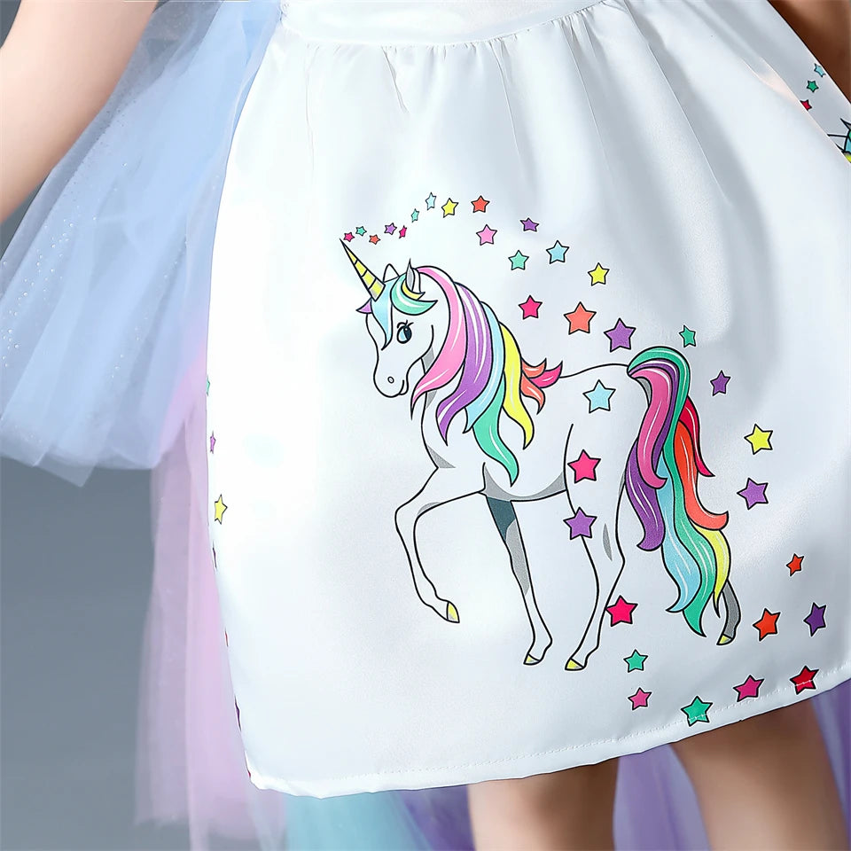 Girl Rainbow Floor Length Tail Tiered Unicorn Dress Halloween Costume sold by Poopy and Poops General Pet Store poppyandpoops.ca