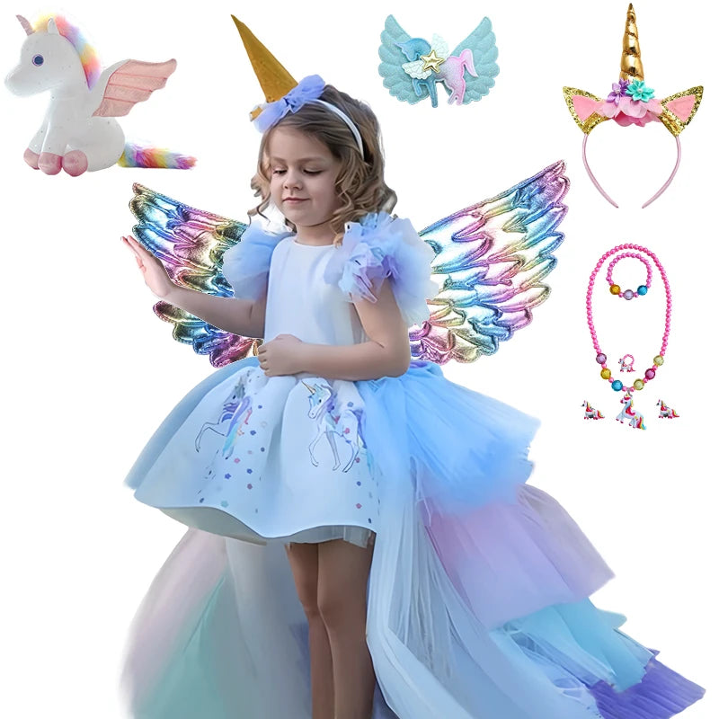 Girl Rainbow Floor Length Tail Tiered Unicorn Dress Halloween Costume Unicorn Set0 sold by Poopy and Poops General Pet Store poppyandpoops.ca