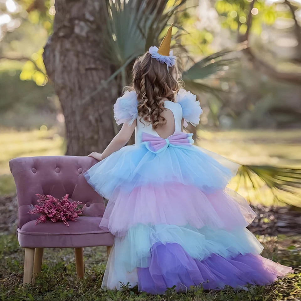 Girl Rainbow Floor Length Tail Tiered Unicorn Dress Halloween Costume sold by Poopy and Poops General Pet Store poppyandpoops.ca