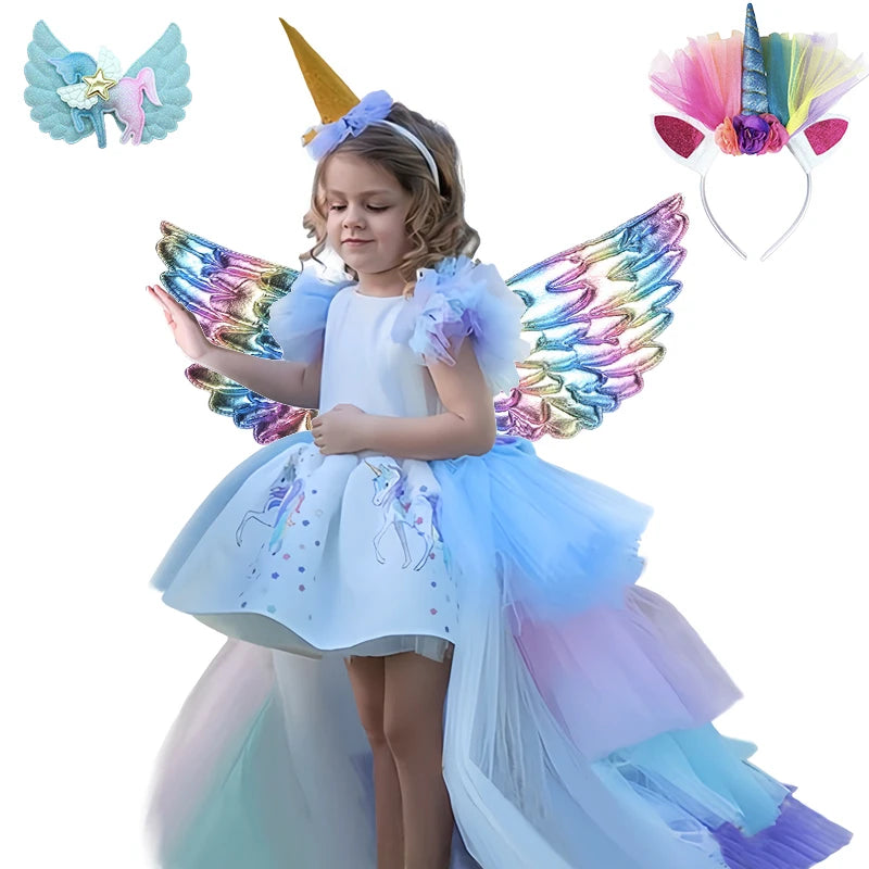 Girl Rainbow Floor Length Tail Tiered Unicorn Dress Halloween Costume Unicorn Set02 sold by Poopy and Poops General Pet Store poppyandpoops.ca