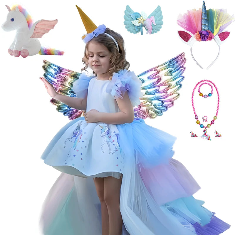 Girl Rainbow Floor Length Tail Tiered Unicorn Dress Halloween Costume Unicorn Set0 sold by Poopy and Poops General Pet Store poppyandpoops.ca