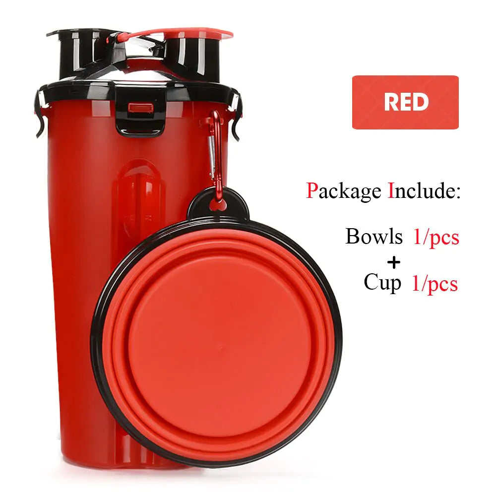 Pet Water Bottle Food Container 2 in 1 With Folding bowls Red 1 Bowl sold by Poopy and Poops General Pet Store poppyandpoops.ca