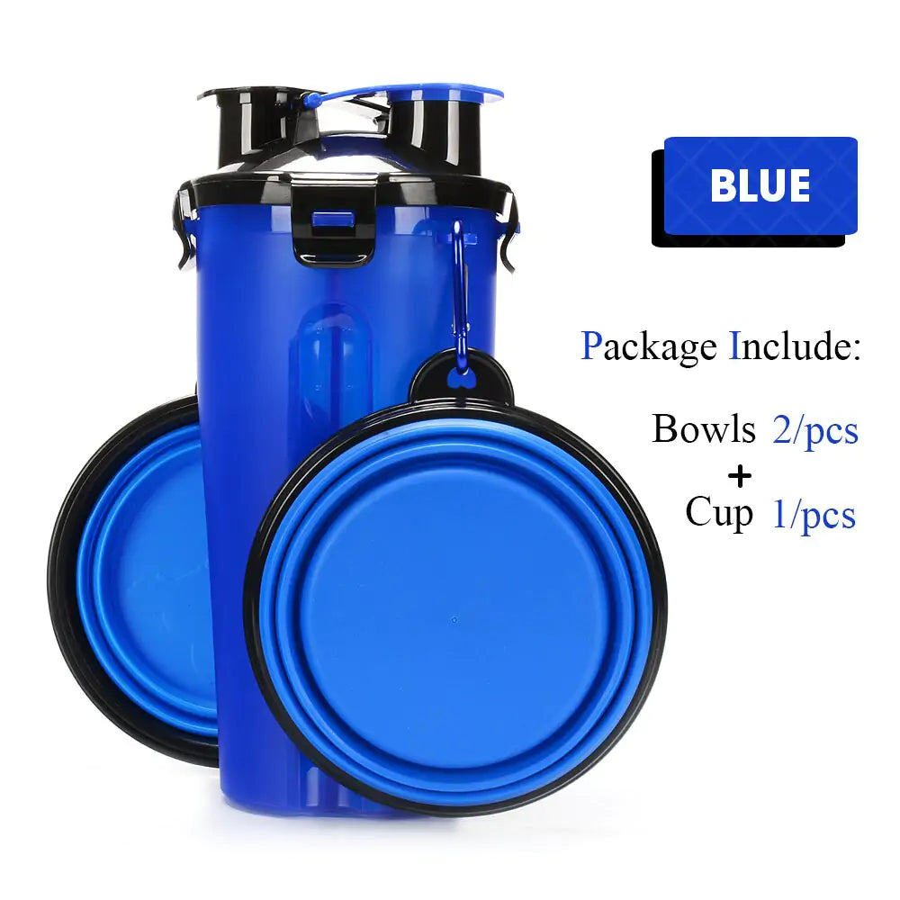 Pet Water Bottle Food Container 2 in 1 With Folding bowls Blue 2 Bowl sold by Poopy and Poops General Pet Store poppyandpoops.ca