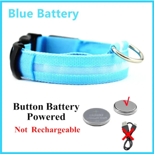 Glowing Dog Collar Blue Button Battery Large Neck 41-52 CM rubber sold by Poopy and Poops General Pet Store poppyandpoops.ca