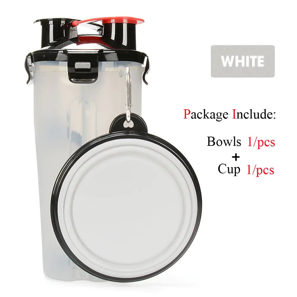 Pet Water Bottle Food Container 2 in 1 With Folding bowls White 1 Bowl sold by Poopy and Poops General Pet Store poppyandpoops.ca