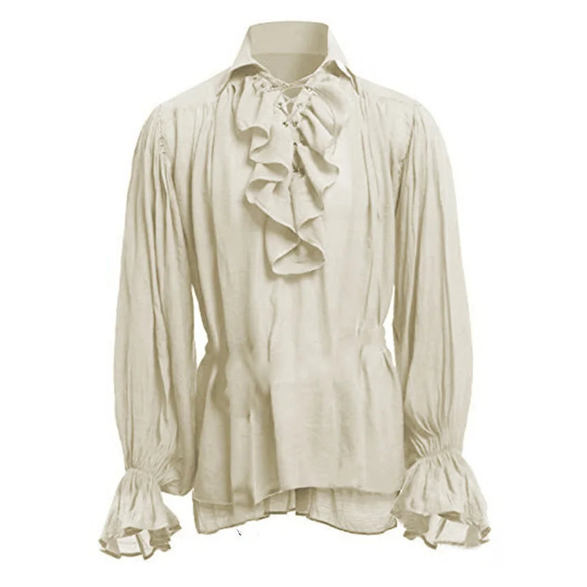 Adults Male Female Halloween Costumes Medieval Steampunk Pirate Long Sleeve Ruffled Shirt Beige CHINA sold by Poopy and Poops General Pet Store poppyandpoops.ca