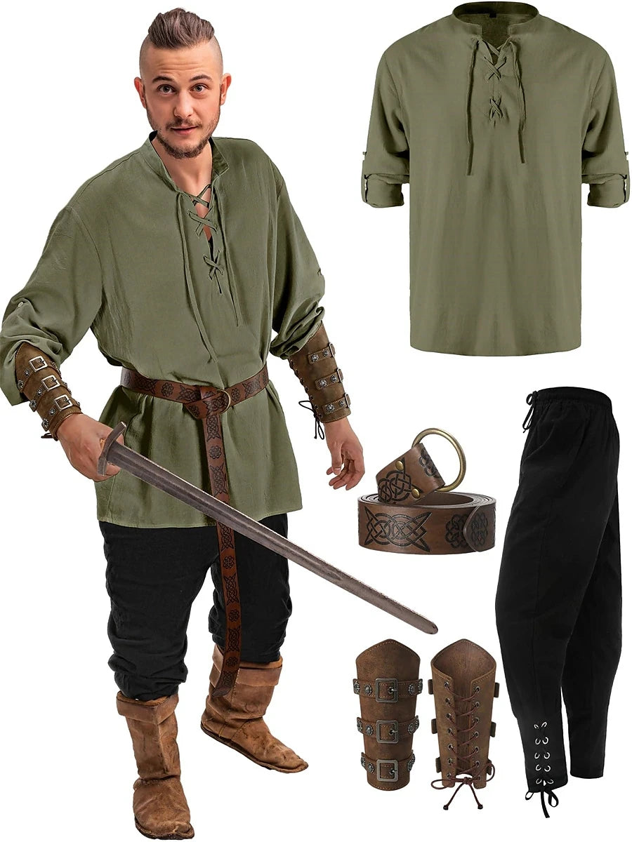 Medieval Renaissance Pants Outfits Waist Belt Shirt Arm Guards Pirate Men's Halloween Costume 4-piece set Green2 sold by Poopy and Poops General Pet Store poppyandpoops.ca