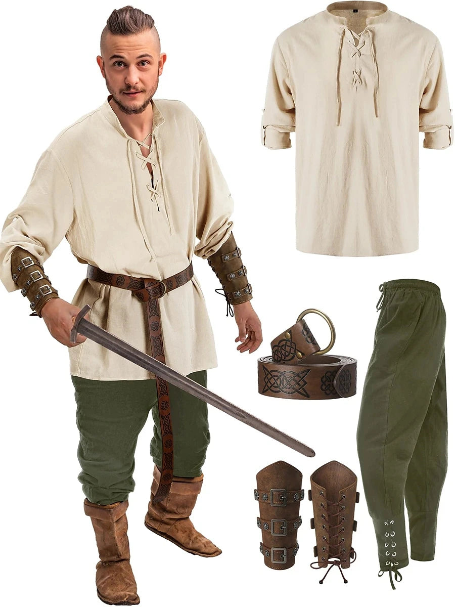 Medieval Renaissance Pants Outfits Waist Belt Shirt Arm Guards Pirate Men's Halloween Costume 4-piece set Green sold by Poopy and Poops General Pet Store poppyandpoops.ca