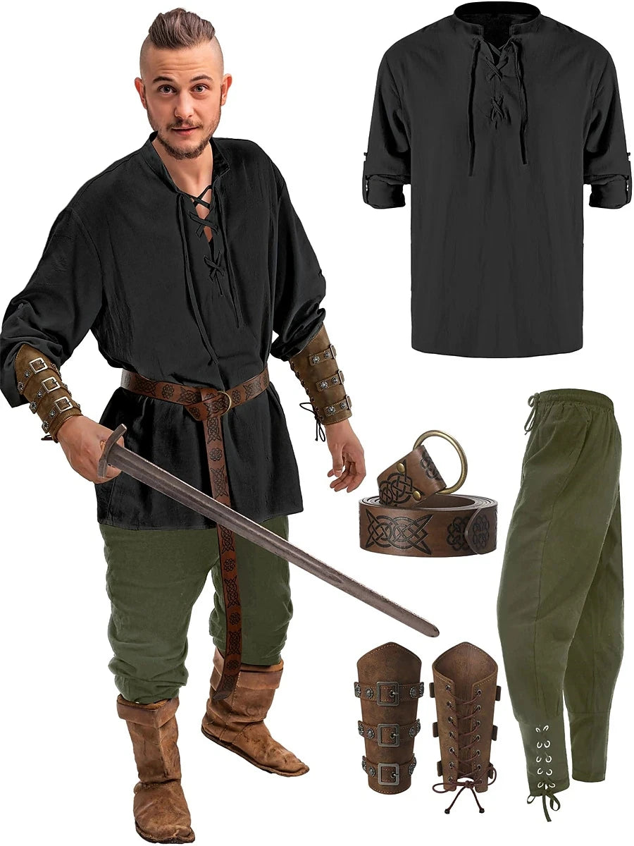 Medieval Renaissance Pants Outfits Waist Belt Shirt Arm Guards Pirate Men's Halloween Costume 4-piece set Green3 sold by Poopy and Poops General Pet Store poppyandpoops.ca