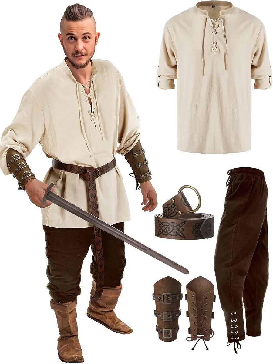 Medieval Renaissance Pants Outfits Waist Belt Shirt Arm Guards Pirate Men's Halloween Costume 4-piece set Brown sold by Poopy and Poops General Pet Store poppyandpoops.ca