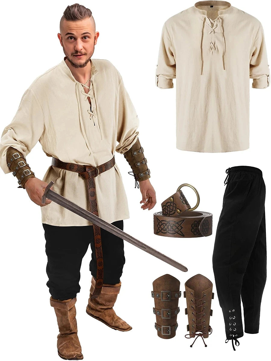 Medieval Renaissance Pants Outfits Waist Belt Shirt Arm Guards Pirate Men's Halloween Costume 4-piece set Black sold by Poopy and Poops General Pet Store poppyandpoops.ca