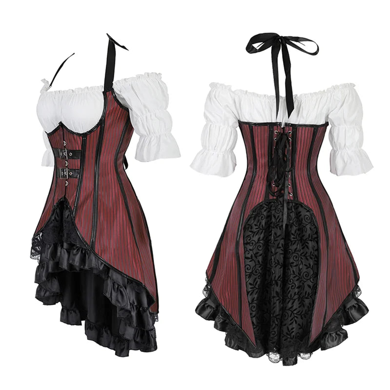 Black Steampunk Women's Pirate Corset Dresses Halloween Costume Red dovetail sold by Poopy and Poops General Pet Store poppyandpoops.ca