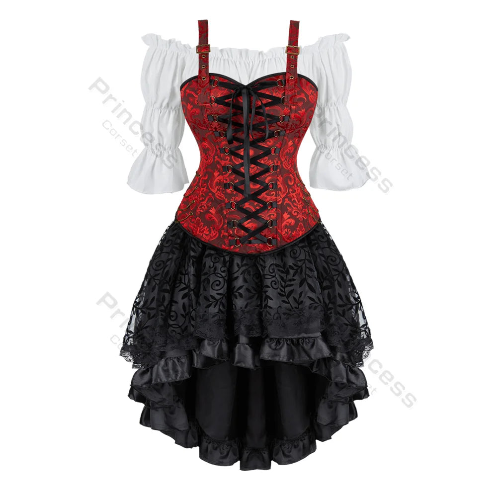 Black Steampunk Women's Pirate Corset Dresses Halloween Costume red dress sold by Poopy and Poops General Pet Store poppyandpoops.ca