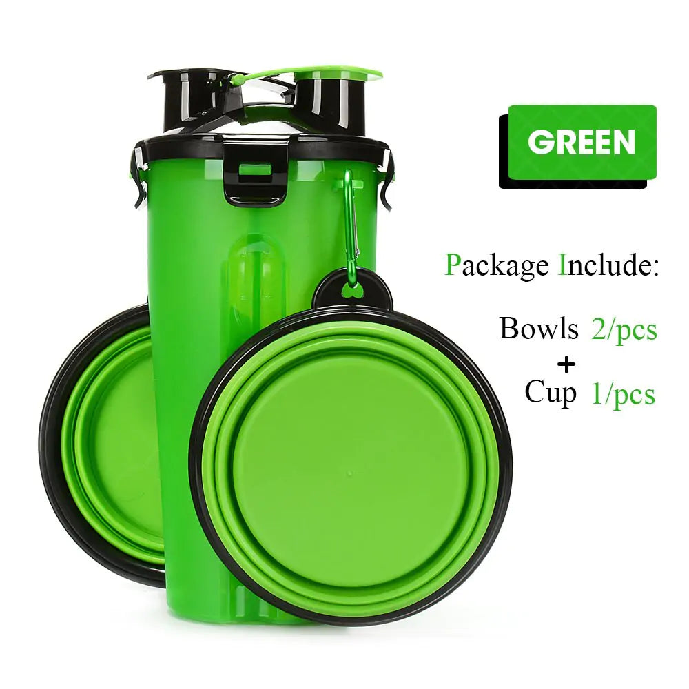 Pet Water Bottle Food Container 2 in 1 With Folding bowls Green 2 Bowl sold by Poopy and Poops General Pet Store poppyandpoops.ca