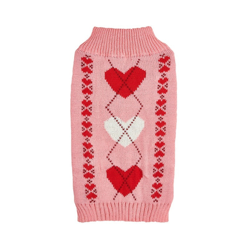 Valentines Day Love Heart Bow Knitted Dog Sweater in Pink White and Red