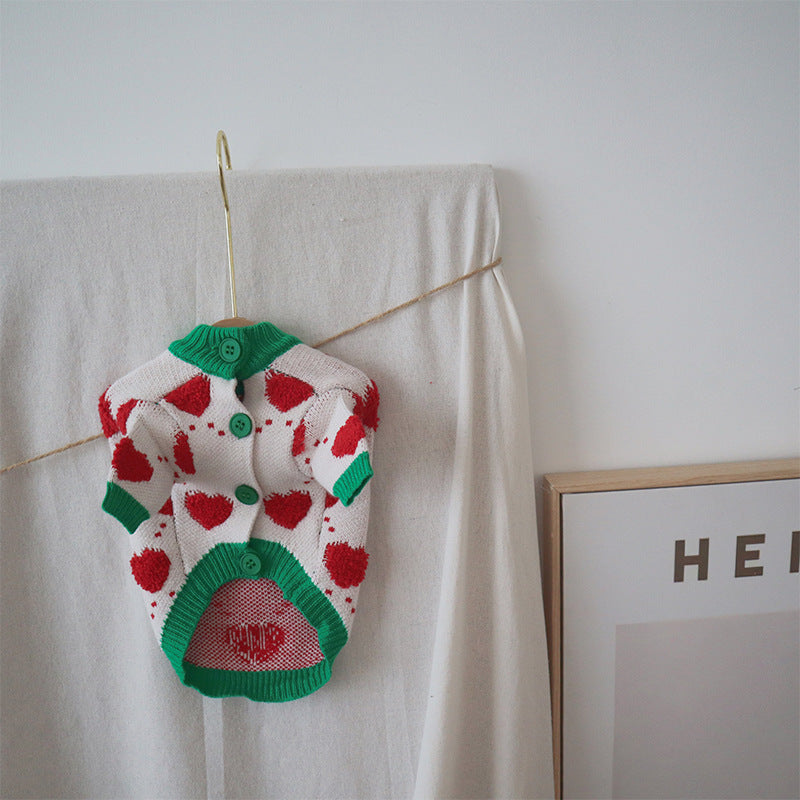 Red Heart Print Cotton Dog Sweater in White with Green Trim