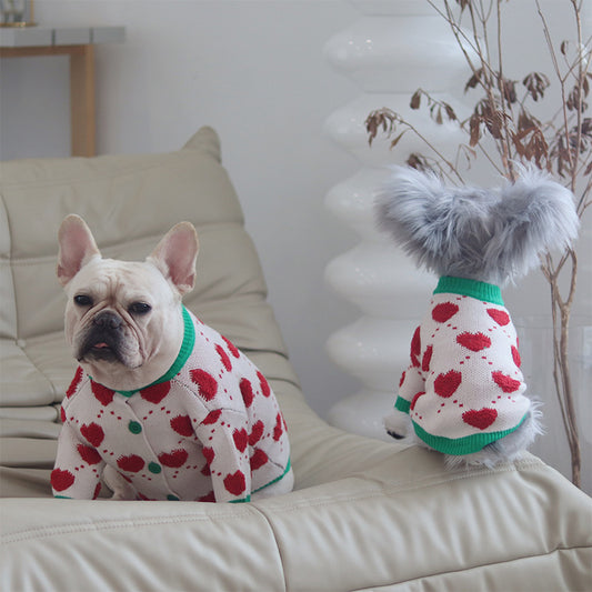 Red Heart Print Cotton Dog Sweater in White with Green Trim