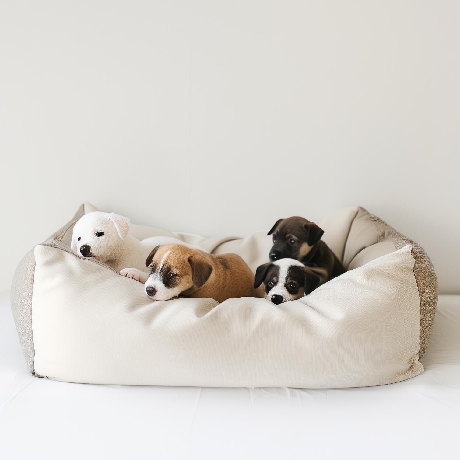 four puppies, one white, one brown and white, one dark brown and white and one black and white sitting in a plush rectangle bed against  a white wall 